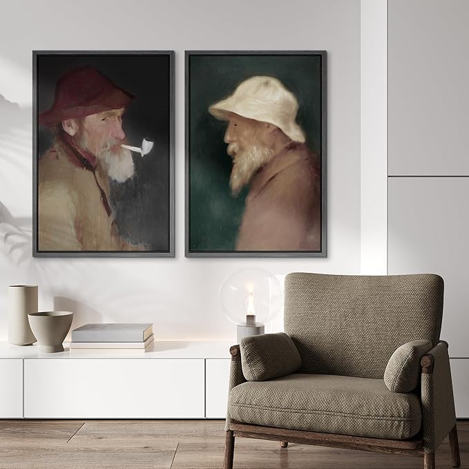 IDEA4WALL Framed Canvas Print Wall Art Set Vintage Old Fishermen Portrait Rustic Illustrations Modern Art Decorative Bohemian Calm/Zen for Living Room, Bedroom, Office - 24"x36"x2 Black