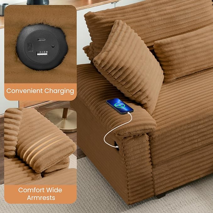 SUNWAVE 74" Double Chaise Lounge Chair Indoor, Oversized Loveseat with Removeable Ottoman, Corduroy Couch with USB Charging, Storage Ottoman, and Coffee Table Cushions for Living Room