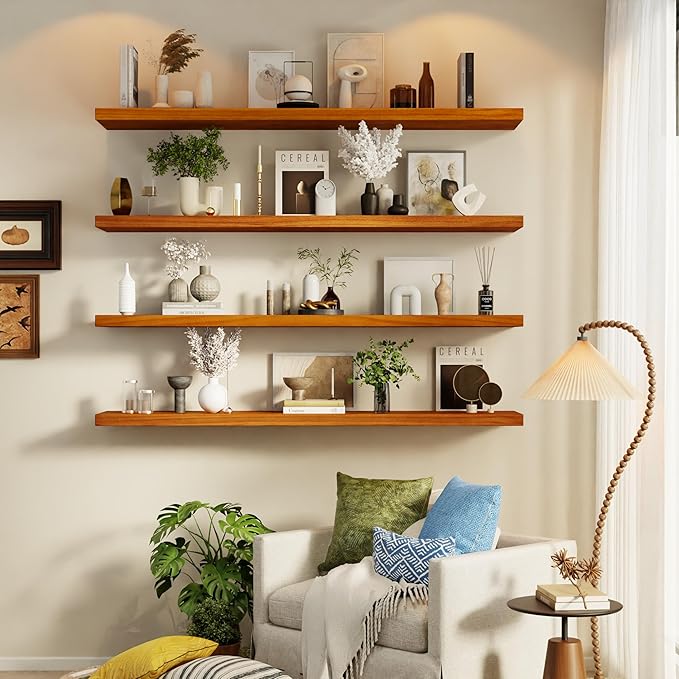 IEO Long Wooden Floating Shelves for Room Wall, Natural Wood Floating Shelves Wall Mounted Kitchen Shelf for Living Room, Bedroom, Kitchen,Bathroom, Storage (Honey Oak, 48in 4tier)