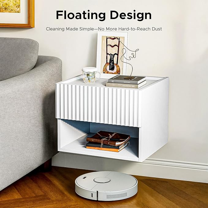 Floating Nightstand Bedroom Bedside Table - Wood Night Stand Set 2 for Small Spaces, Wall Mounted Cabinet with Storage Drawer, White Modern Night Stand for Dorm Hallway Entryway