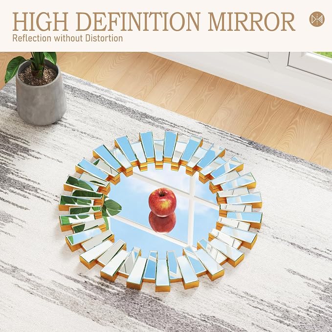 Sunburst Mirror - 26'' Gold Starburst Mirror with Beveled Glass Frame, Wall Decor Mirrors for Living Room, Dining Room, Bedroom,Hallway