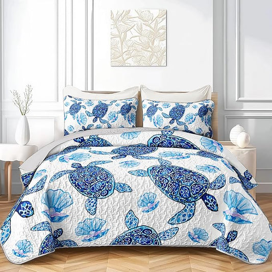 AILONEN Watercolor Sea Turtle Quilt Set Full Size,Beautiful Pearl Shells Bedspread Coverlet - Soft Lightweight 3Pcs - Sea Creatures Print Quilt,2 Pillowcases