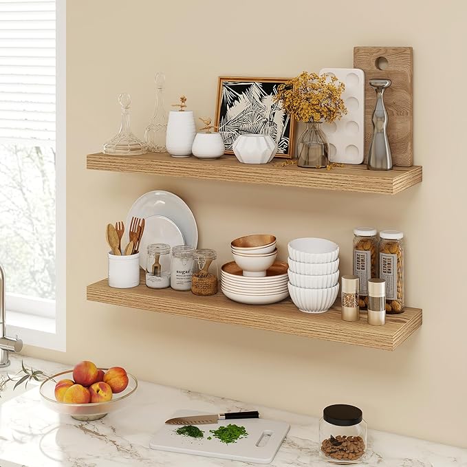 36 Inch Floating Shelves, 9.3" Deep Floating Shelf Wall Mounted, 36" Wall Shelves, Rustic Deep Bookshelf, Large Display Shelves & Storage Shelves for Bedroom, Living Room, Light Brown, Set of 2