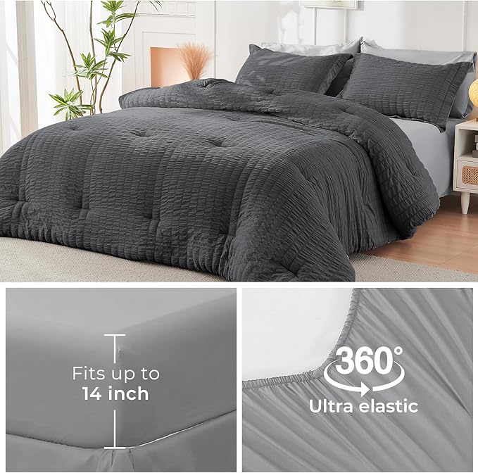 HYMOKEGE Dark Grey/Light Grey Queen Comforter Set Seersucker 7 Pieces, All Season Luxury Bed in a Bag Queen for Bedroom, Bedding Set with Comforter, Sheets, Pillowcases & Shams