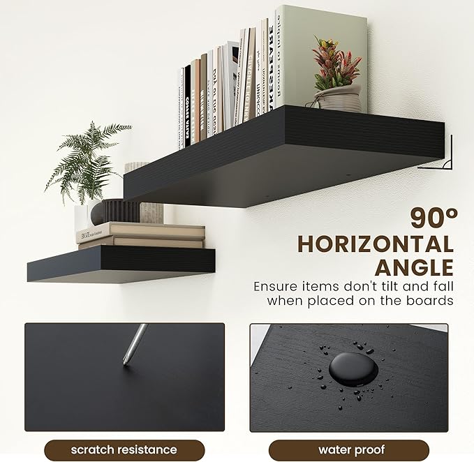 30 Inch Floating Shelves | 12 Inch Deep Black Floating Shelves Set of 2 | 30" W x 12" D Rustic Wood Shelves for Wall | Deep Black Shelves for Living Room Bathroom Laundry Room Kitchen