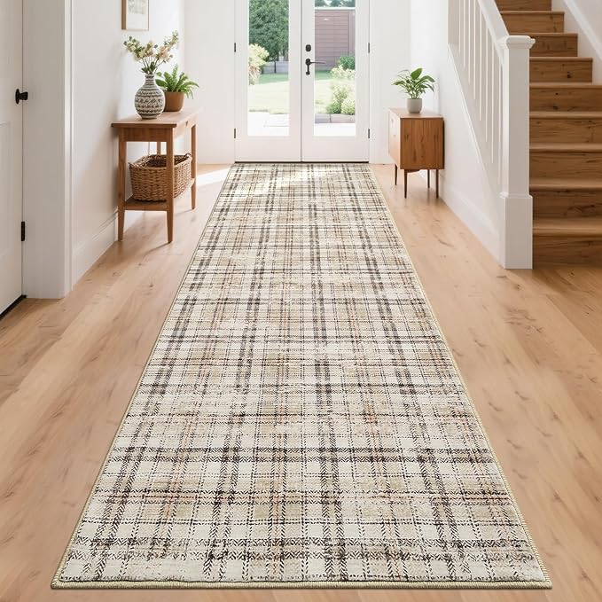 Tartan Plaid Washable Runner Rug 2.5x12 Non Slip Kitchen Rugs Modern Beige Indoor Entryway Rug Soft Bath Mat Stain Resistant Carpet for Bedroom Hallway Laundry 2'6''x12' Beige