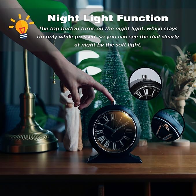 AYRELY® 4-inch Battery Operated Alarm Clock Silent Analog Desk Clocks with Light Vintage Metal Table Clock for Living Room Shelf Bedside Home Decor (Black-Roman)