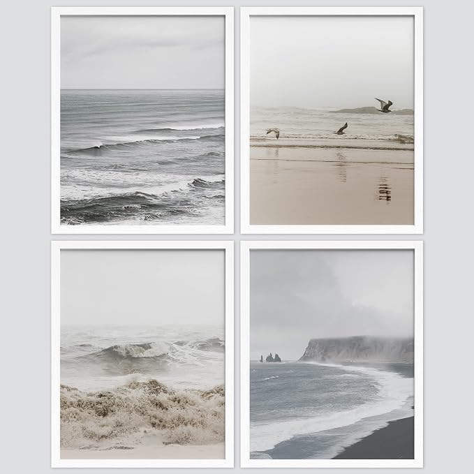 SIGNWIN Framed White Minimal Ocean Beach Seashore Coastals Wall Art, Set of 4 Landscape Colorful Wall Decor Prints, Nature Wilderness Wall Décor for Living Room, Bedroom - 8"x10" White