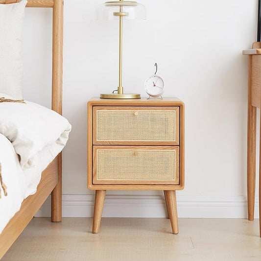 Mid-Century Modern Rattan Nightstand, 2-Drawer Solid Oak Bedside Table with Natural Rattan Fronts, Wooden Bedroom End Table (Natural Oak, 15.74”x13.78”x21.26”)