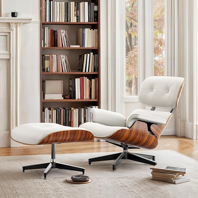 Top White PU Leather, Mid Century Chaise Lounge Chair and Ottoman, Modern Chair Classic Design, Palisander Wood, Heavy Duty Base Support for Living Room Office