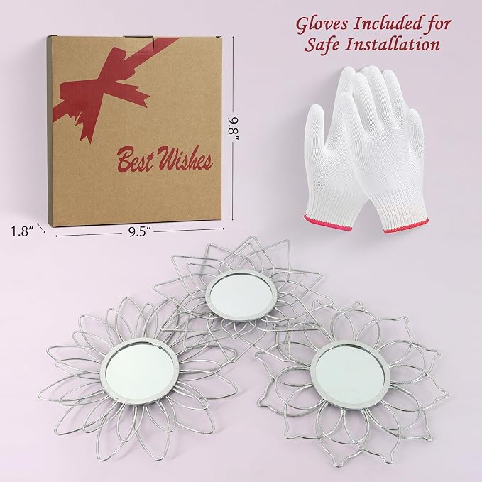 Silver Mirrors for Wall, 9 inch Metal Flower Mirrors Home Valentine Decoration, Valentine Wall Art Decorative Mirror Small Mirror for Living Room Bedroom, Entrance Set of 3