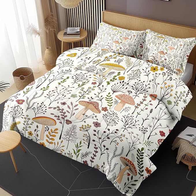 Comforter Set with 2 Pillowcases King Size, Cute Beige Forest Mushroom Daisy Flower, Bed Decor Boho Wildflower Plants Botanical Floral Leaf for Kids and Adults, Soft Cozy Bedroom Bedding Set