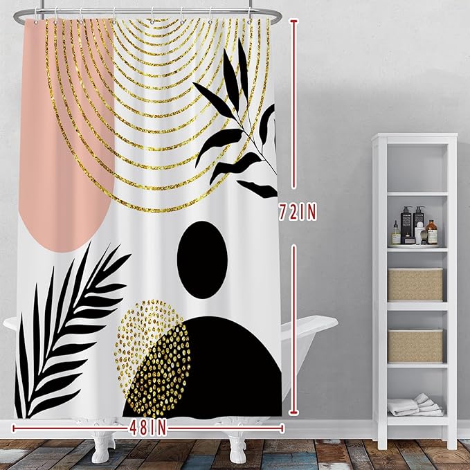Baocicco Mid Century Shower Curtain Boho Sun Plant Leaves Modern Abstract Gold Geometric Shower Curtains for Bathroom Bathtubs Waterproof Fabric Shower Curtain with Hooks 48x72 Inches