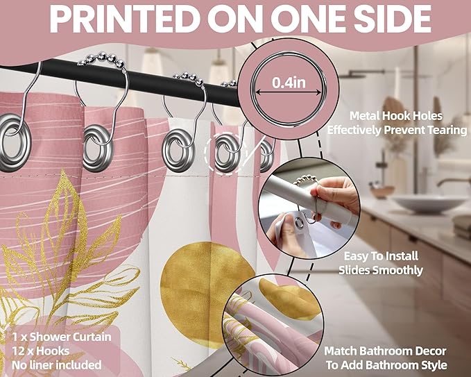 Blush Pink and Gold Shower Curtain Boho Mid Century Light Pink and White Shower Curtains for Bathroom Decor, Waterproof Cloth Fabric with Hooks, 70" W x 84" L