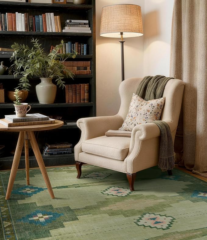 YIHOUSE Mid Century Modern Rugs for Living Room, 8x10 Green Rug No-Slip Southwestern Large Area Rug Washable Rugs for Bedroom, Dining Room