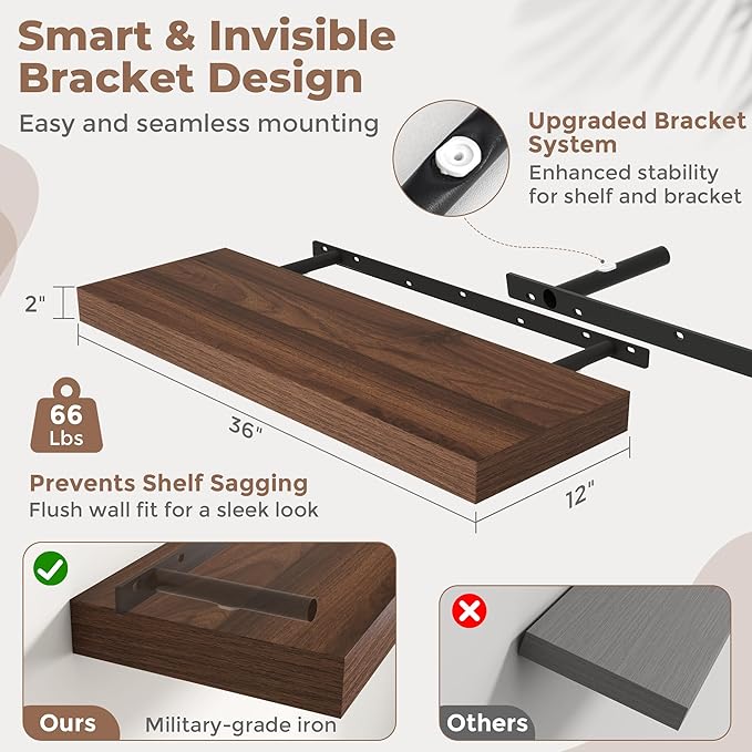 Marsmiles 12" Deep Floating Shelves for Wall with Invisible Brackets, Wall Mounted Engineered Wood Shelves with Wood Grain for Living Room, Bedroom, Kitchen Decor and Storage, 36" L Set of 1, Walnut