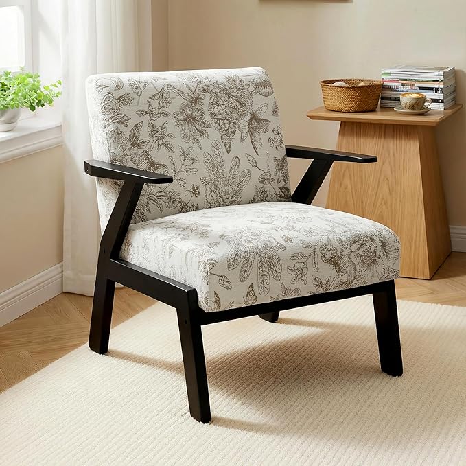 Floral Accent Chair, Mid Century Modern Chairs, Upholstered Armchair with Solid Rubber Wood Living Chair, Ergonomic Chair for Living Room, Bedroom, Reading Room
