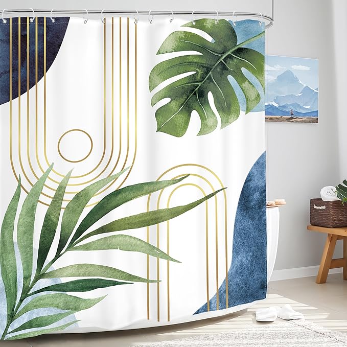 Glawry Boho Blue Green Shower Curtain Mid Century Abstract Tropical Palm Leaf Modern Minimalist Plant Botanical Bathroom Geometric 72Wx72L Inches Bath Accessories Art Home Decor Fabric 12 Pack Hooks
