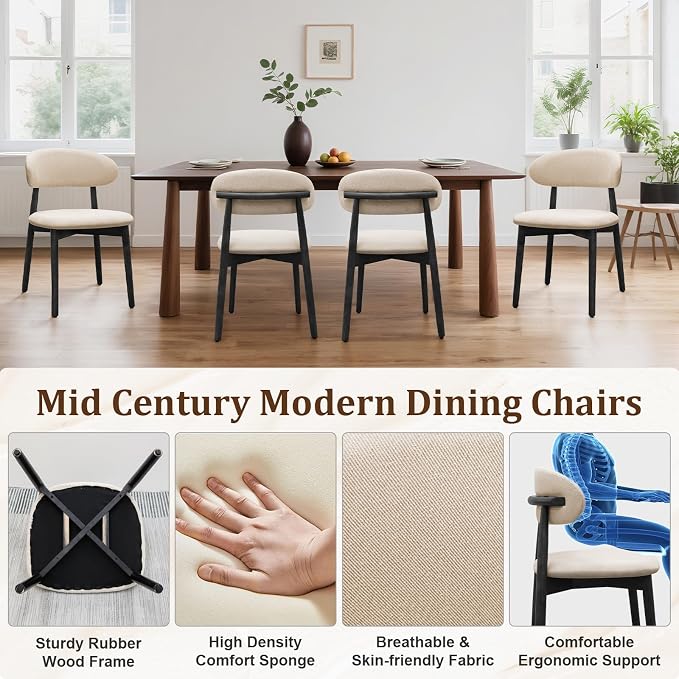 Farmhouse Dining Chairs Set of 2, Mid Century Modern Fabric Upholstered Kitchen Chairs, Wooden Dining Room Chair with Curved Back&Black Legs for Kitchen Dining Room Restaurant Cafe, Beige, Only Chairs