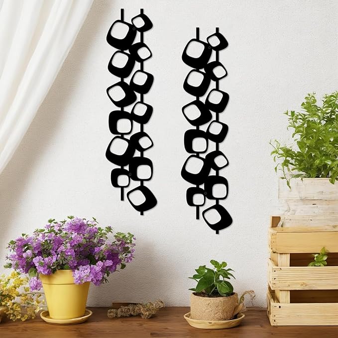 ruelen Mid Century Abstract Metal Wall Art Sculpture - Textured Geometric Decor, Set of 4, 2D Black Vertical and Elegant Design for Living Room, Bedroom, Office, Home (15.7x3.9in)