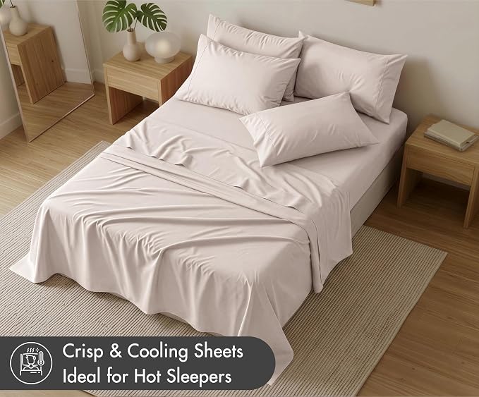 RUVANTI 100% Cotton Percale Sheets Queen Size 6 Piece Set, Cooling Bed Sheets for Hot Sleepers, Deep Pocket 16”, Breathable Lightweight & Durable, Crisp Hotel Style Sheets, Soft Beige
