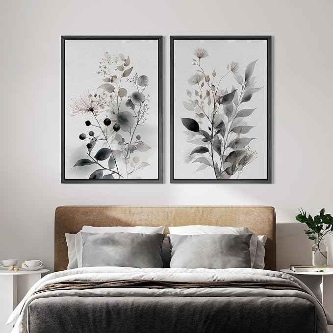 IDEA4WALL Framed Canvas Print Wall Art Set Neutral Botanical Watercolor Monochrome Leaves and Flowers Illustrations Modern Art Decorative Calm/Zen for Living Room, Bedroom, Office - 16"x24"x2 Black