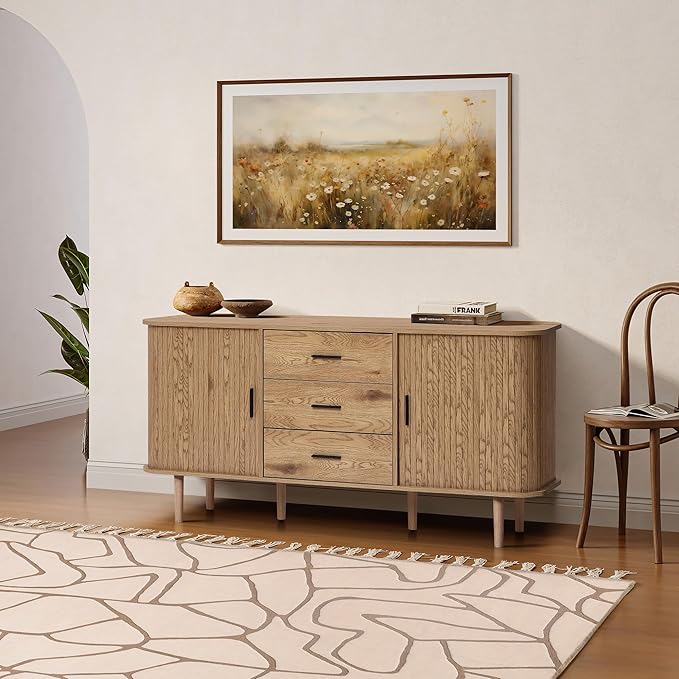 LuxenHome 59” Sideboard Buffet Cabinet with Storage, Mid Century Modern Sliding Door Sideboard Cabinet, Adjustable Shelves Wood Console Table with Storage Cabinets for Living Room, Kitchen