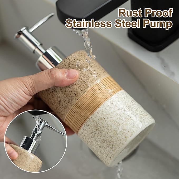 Ceramic Dish Soap Dispenser Set with Silicone Funnel, Hand Soap, Shampoo, Body Wash, Liquid Soap Dispenser for Kitchen and Bathroom, Stainless Steel Pump, Non Slip, 12 Oz