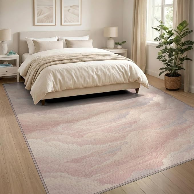 8'x10' Washable Whimsigoth Wave Large Rug, White Non-Shedding Pet Friendly Carpet Foldable Easy Care Mat for King Size Bedroom, Master Suite, Under Bed | Ref:2208256
