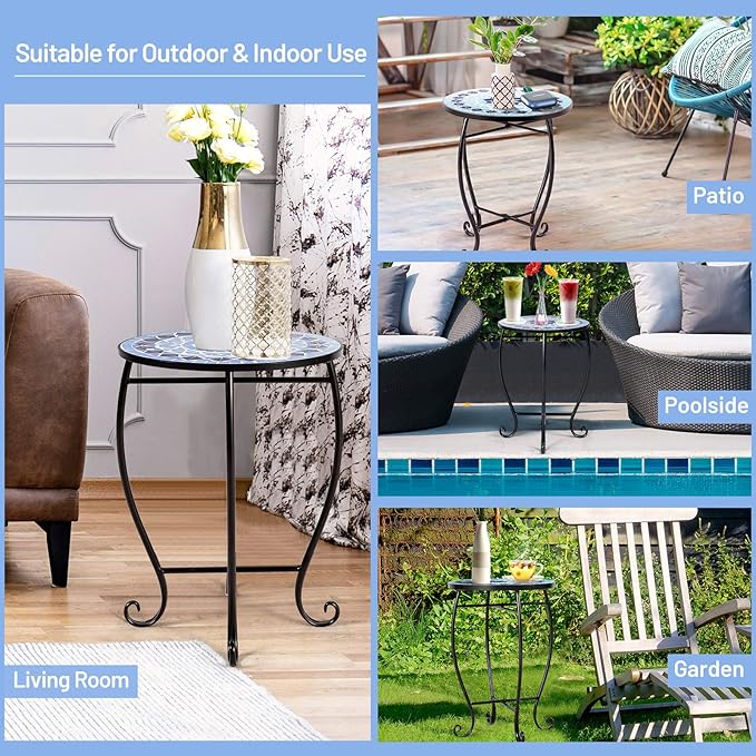 Giantex Outdoor Side Table, Mosaic Patio Table, 14inch Accent Table Plant Stand Indoor, Ceramic Tile Top Metal Frame, Small End Table Porch Beach Patio Garden Balcony Poolside