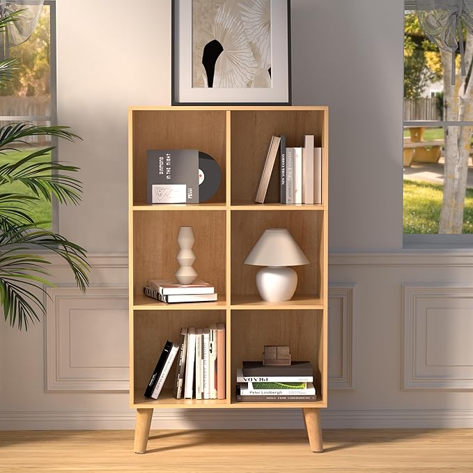 6 Cube Storage Organizer with Legs, 3 Tier Cube Low Bookcase Freestanding Storage Display Organizer for Home Office, Six-Cubes Open Shelf Bookshelf (Natural Oak, 6 Cube Vertical)