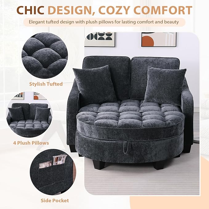Oversized Curved Chaise Lounge Chair Indoor with Ottoman, 54.8" Cloud Boneless Reading Chair Soft Chenille Circle Couch w/Adjustable Backrest for Living Room, Apartroom, Bedroom, Black