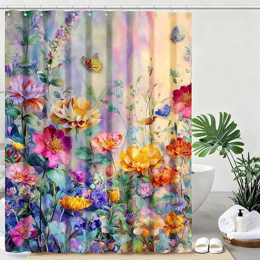 Wildflower Shower Curtain Colorful Flower Butterfly Shower Curtains for Bathroom Waterproof Fabric Bath Curtain Decor with Hooks