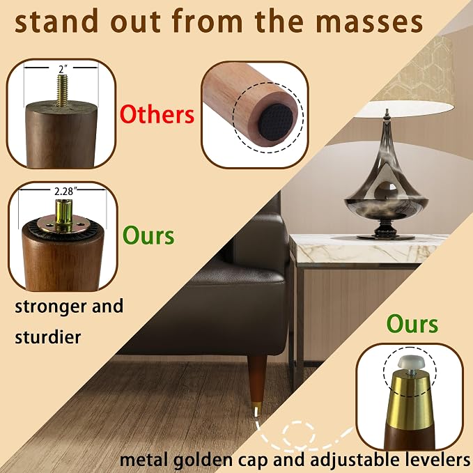 8 inch Hard Wood Furniture Legs with Gold Hardware Mid-Century Modern Replacement Round Legs for Couch Dresser Cabinet Vanity Ottoman Walnut Color Sofa Legs 4 Pack