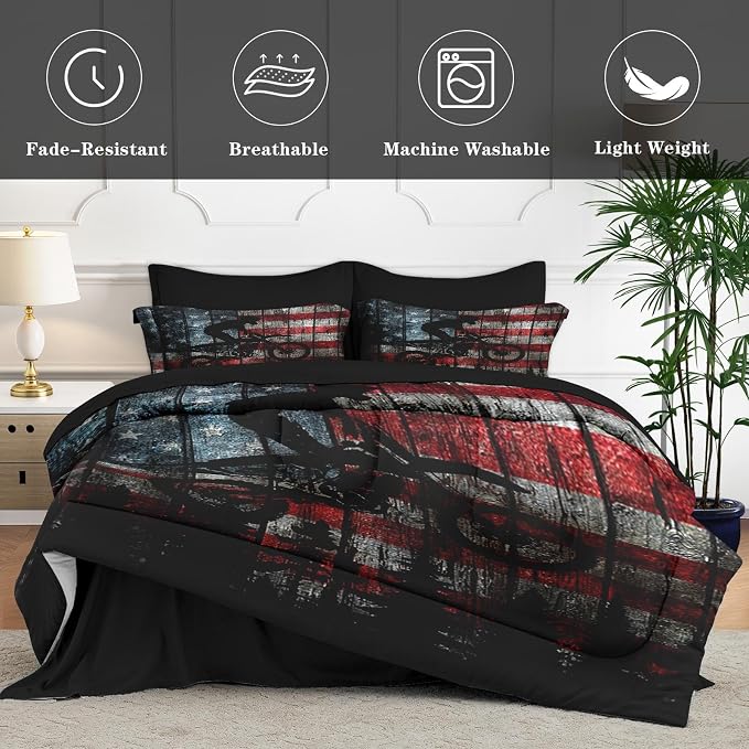 WeCozy 5 Pcs Twin Size Comforter Set with Pillowcase & Sham, American Flag Wood Vintage Motocross Bedding for Kids and Adults, America Motorcycle Bed in a Bag with Flat Fitted Sheet