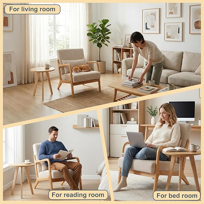 Accent Chairs with Side Table, Mid Century Modern Chair with Pillow, Arm Chair with Solid Wood, Reading Relaxing Leisure Chair for Living Room, Waiting Room, Beige