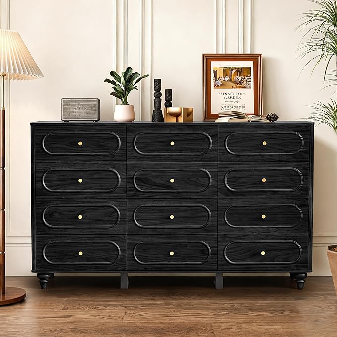 ORRD 12 Drawer Fluted Dresser for Bedroom, Mid Century Modern Chest of Drawers, Wood Storage Small Dresser Organizer for Bedroom Living Room Hallway Closet, Black