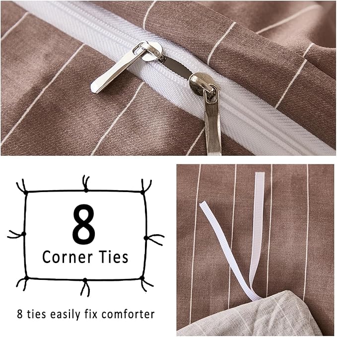 Merryword 100% Cotton Duvet Cover Set Queen Size, Brown Pinstripe Bedding Set with 2 Pillowcases, Soft Breathable Comforter Cover, Natural Cotton Linen Like Bedding Set for Cozy Home Bedroom
