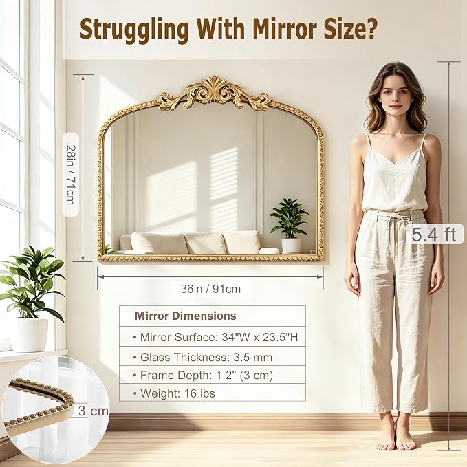 Large Vintage Gold Arched French Baroque Wall Mirror 36"x28" | Ornate Beaded Metal Frame, Horizontal Wall Mirror, Traditional Antique Decor