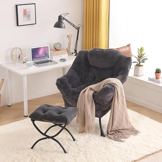 Tiita Lazy Chair with Ottoman, Modern Large Accent Lounge Chair, Leisure Sofa Armchair with Ottoman, Reading Chair with Footrest for Bedroom, Living Room, Dorm Rooms, Garden, Plush-dark Grey