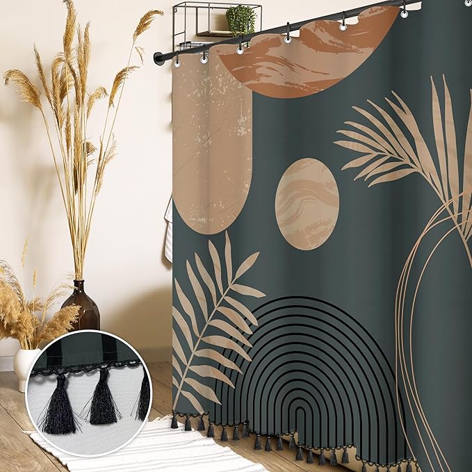 Boho Mid Century Leaf Shower Curtain Set,Arch Sun Design,Minimalistic Leaves Pattern,Waterproof and Luxurious Fabric-12 Hooks(Brown-60" x 72")