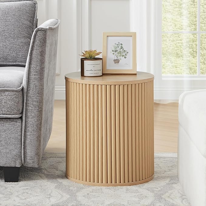 AVZEAR Fluted Round Side Table with Storage, Small End Table Modern Boho Nightstands, Circle Bedside Tables Bohemian Accent Table Wood Night Stand for Small Spaces, Living Room, Bedroom (Nature)