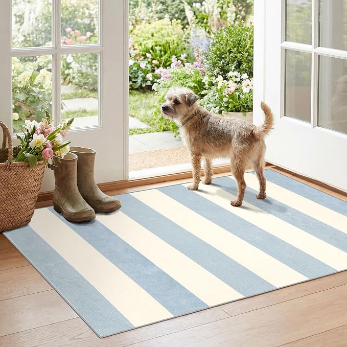Blue White Striped Outdoor Rug - 28" x 43" Front Door Mat Indoor Outside Entrance Non-Slip Washable Summer Welcome Mat for Front Door Coastal Rug for Entryway Kitchen Bedroom Porch Decor