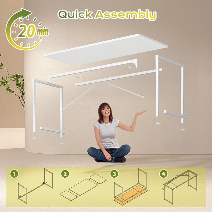 PRAISUN 55 Inch Computer Desk, Home Office Desk with Spacious Desktop, Modern Gaming Desk, Writing Study Table for Bedroom, Small Spaces, Work from Home Desk with Metal Frame, White