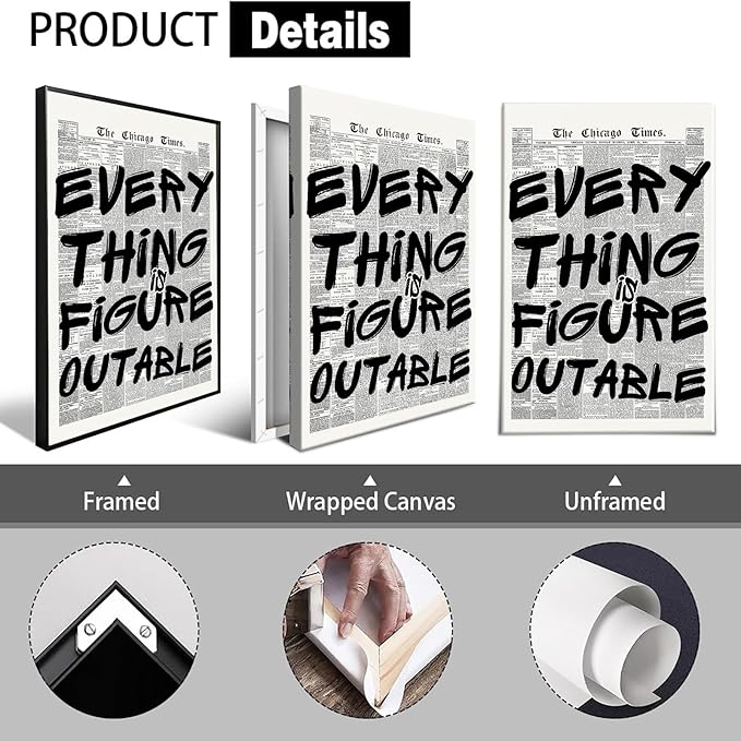 Retro Black And White Newspaper Poster Every Thing Is Figure Outable Canvas Wall Art Positive Affirming Quote Minimalist Prints Painting For Home Bedroom Dorm Wall Decor 24x36in Unframed
