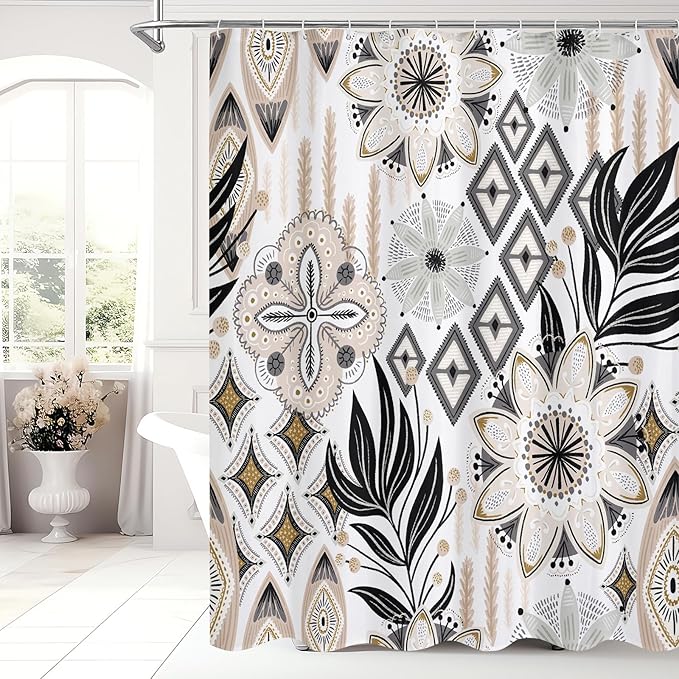 MitoVilla Boho Floral Shower Curtain, Farmhouse Modern Abstract Flower Shower Curtains for Rustic Vintage Bathroom Decor, Colorful Leaves Fabric Cloth Shower Curtain, 72x72