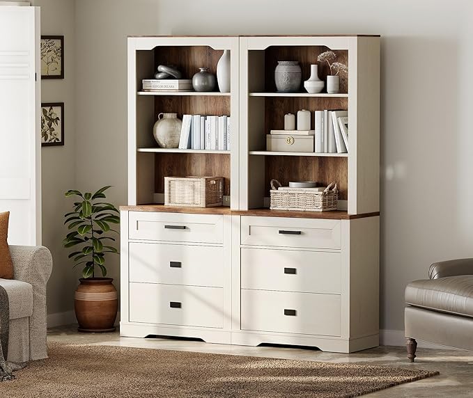 WAMPAT 2 Column 73.3" Tall Bookcase with Chest of Drawers, 63 inch Wide Standing Rustic Bookshelves, Modern Farmhouse Display Storage Cabinet with Adjustable Shelves,Antique White