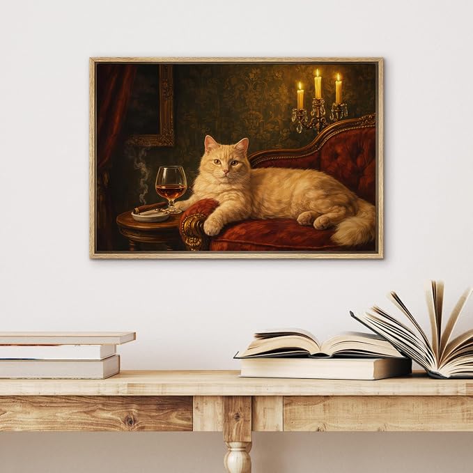 SIGNWIN Framed Canvas Print Wall Art Elegant Cat with Wine and Candlelight Vintage Classic Interior Rustic Landscape Relax/Calm for Living Room, Bedroom, Office - 16"x24" Natural