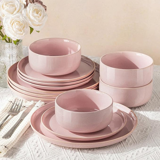 TheTerra Ceramic Dinnerware Sets for 4, 12 Pieces Handmade Reactive Glaze Plates and Bowls Set, Scratch Resistant Dish Set, Oven & Microwave & Dishwasher Safe, Sakura Pink
