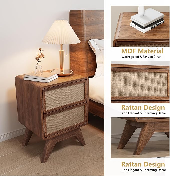 AVZEAR Mid Century Night Stand Set of 2, Wood Bedside Table Curved Round Edge Nightstands with 2 Drawers and Solid Wood Legs, End Table Side Table for Small Space, Dorm, Bedroom(Walnut)